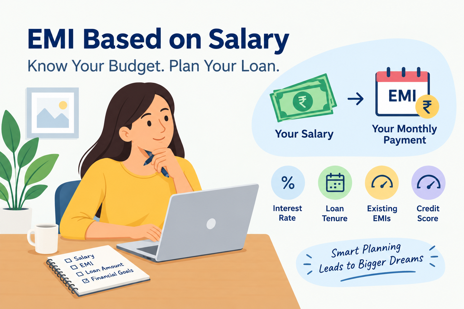 EMI based on salary illustration showing how monthly income, interest rate, loan tenure, existing EMIs, and credit score affect personal loan repayment planning in India.